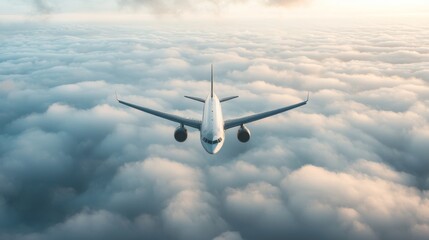 Obraz premium A serene aerial view of an airplane flying above fluffy clouds, showcasing the beauty of travel and adventure in the sky.