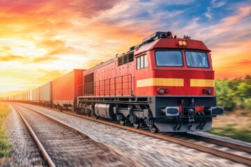 Fototapeta premium A detailed close-up of a freight train engine, with industrial designs and metallic textures, speeding through a logistics hub under a vibrant sky 