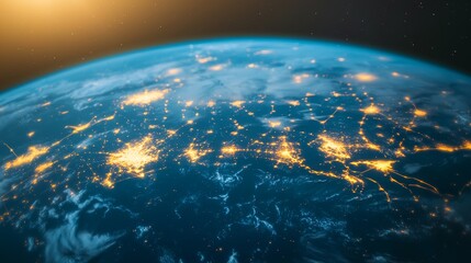 Obraz premium A stunning view of Earth at night, showcasing glowing cities and intricate patterns of light across the continents from space.