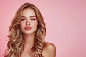 Fototapeta premium Beautiful woman with long wavy hair on a pink background. Ad for shampoo conditioner hair products .geneative ai
