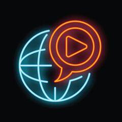 Neon glowing icon of globe with play button inside speech bubble representing global video streaming