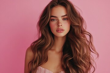 Naklejka premium Beautiful woman with long wavy hair on a pink background. Ad for shampoo conditioner hair products .geneative ai