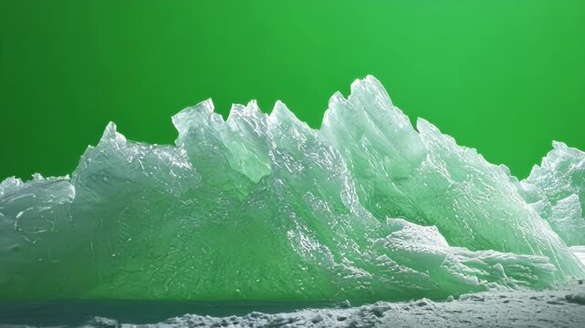 Jagged icebergs are forming an icy mountain range on a green screen background, perfect for compositing into winter scenes