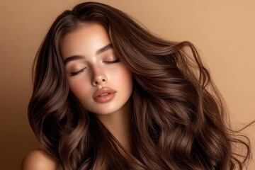 Beautiful young woman with long hair on brown background, closeup. Ad for shampoo conditioner hair products. Girl with beautiful healthy long shiny brown hair .geneative ai