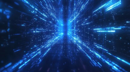 Fototapeta premium Blue holographic light beams flowing through an abstract tech grid in a digital space, creating a futuristic and innovative atmosphere.