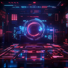 Abstract technology background for gaming interfaces, featuring futuristic HUD elements, neon overlays, dynamic data visualization. for gaming website banners, generative ai