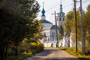 Naklejka premium Russia, Pereslavl-Zalessky. St. Nicholas Monastery, Godenovsky Cross, St. Nicholas Cathedral on the summer day. The Forerunner Church.