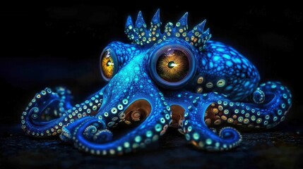 Fototapeta premium Brightly colored, futuristic octopus in neon blue hues against dark backdrop, highlighting intricate patterns and glowing eyes in surreal style.