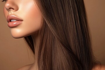 Naklejka premium Beautiful young woman with long hair on brown background, closeup. Ad for shampoo conditioner hair products. Girl with beautiful healthy long shiny brown hair .geneative ai