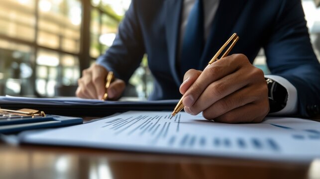 Close-up of a confident businessman signing a contract, with financial documents blurred in the background.  price guarantees and business security, capturing the essence of professionalism and trust 