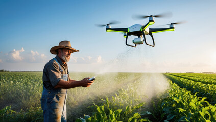 farmer dressed in overalls and a wide-brimmed hat skillfully pilots a drone over an expansive green crop field