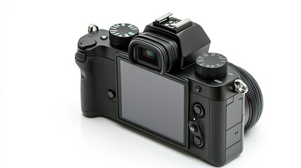 Isolated black digital mirrorless camera with a blank LCD and visible buttons, side view captured with full depth of field, clean white background