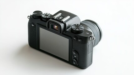 Isolated black digital mirrorless camera with a blank LCD and visible buttons, side view captured with full depth of field, clean white background