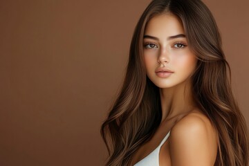Naklejka premium Beautiful young woman with long hair on brown background, closeup. Ad for shampoo conditioner hair products. Girl with beautiful healthy long shiny brown hair .geneative ai