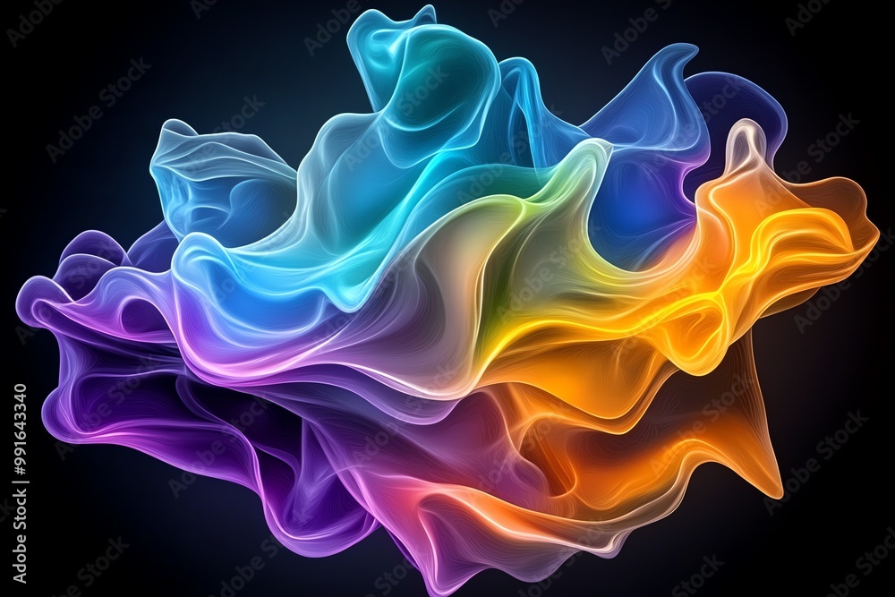 Poster a digital abstract piece with flowing, liquid-like shapes and vibrant colors, creating a sense of mo