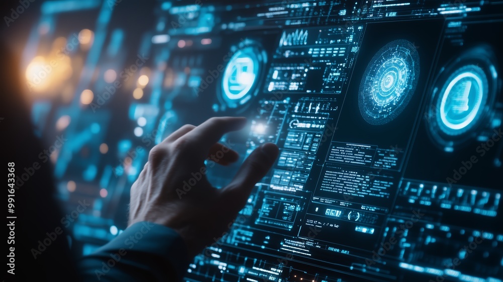 Poster a person interacts with a futuristic digital interface displaying complex data and holographic eleme