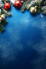 ark blue background for at christmas magazine cover with snow, spruce, bells, top view