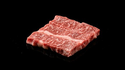 Japanese Misuji beef slice, known for its tenderness and marbling, against a black background. Perfect for highlighting the premium quality of the meat.