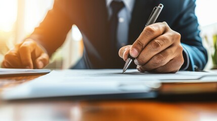 Close-up of a confident businessman signing a contract, with financial documents blurred in the background.  price guarantees and business security, capturing the essence of professionalism and trust 