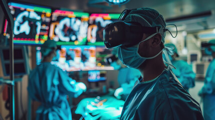 Obraz premium A surgeon training in a virtual reality simulation where every possible scenario is played out in hyper-realistic detail, preparing them for any challenge