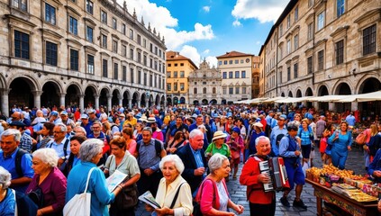 Naklejka premium small European city bustling with tourists, highlighting the challenges of overtourism