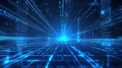 Obraz premium Dynamic blue beams of holographic light intersecting over a digital grid, capturing the energy of modern technology innovation.