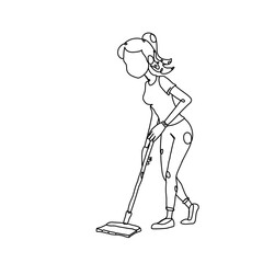 Dessin en ligne continue d'une femme passant la serpillère, lineart, vecteur