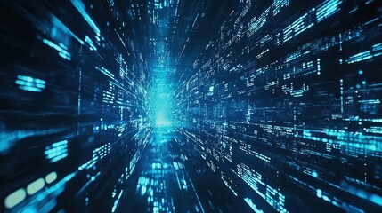 Dynamic blue beams of light flowing through a holographic grid of digital symbols, creating a futuristic technology atmosphere.
