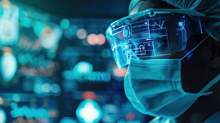A surgeon wearing a mask that displays real-time data, projecting vital signs and diagnostic information directly onto the surface
