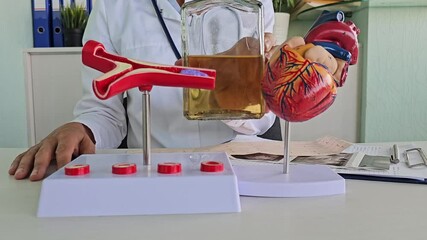 Cardiologist holding a model of a heart and a bottle of alcohol