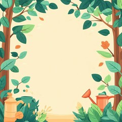 Naklejka premium A vibrant garden frame with lush leaves, watering can, and decorative elements, perfect for nature-themed designs and invitations, greeting card with copy space in the middle
