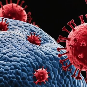 microscopic image of viruses attacking a human cell