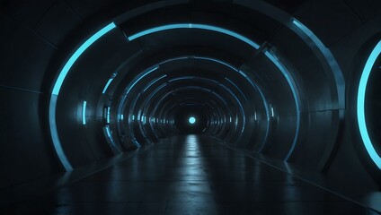 Digital animation of a blue light-filled tunnel with circular shapes.