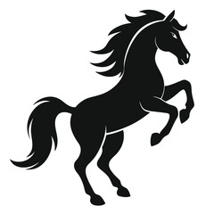 Obraz premium a black silhouette of a horse rearing up on its hind legs. The horse appears to be in mid-stride, with its front legs stretched out and its head turned to the side 