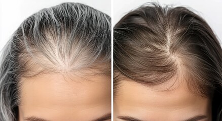 Fototapeta premium Young woman with gray hair before and after coloring treatment 