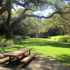 Fototapeta premium A serene park with shaded benches and vibrant green grass on a sunny afternoon