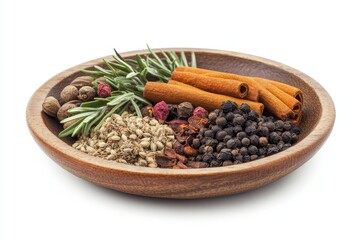 A wooden bowl filled with spices rosemary, black pepper, and cinnamon, set against a white background.