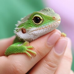 Obraz premium A vibrant green lizard perched gently on a person's hand in a serene outdoor setting