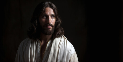 Obraz premium Contemplative man with long hair and beard in white robe, dark background portrait evoking religious imagery and spiritual themes