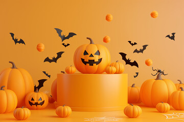 A Halloween scene with pumpkins and bats