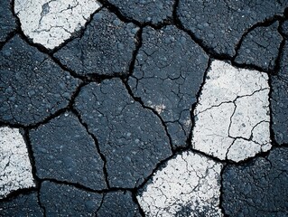 Obraz premium Worn asphalt with visible patchwork repairs and cracks, patched pavement, urban repair