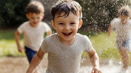 Joyful Children Playing in Backyard Water Fun