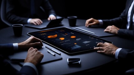 Business Leaders Strategize: A team of professionals in suits gather around a sleek table, their hands poised over a tablet displaying a data visualization.
