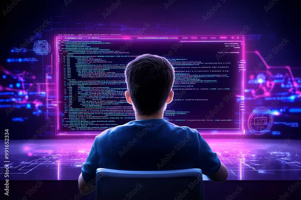 Aufkleber A digital illustration of a person learning to code, with lines of code displayed on a screen and interactive tutorials