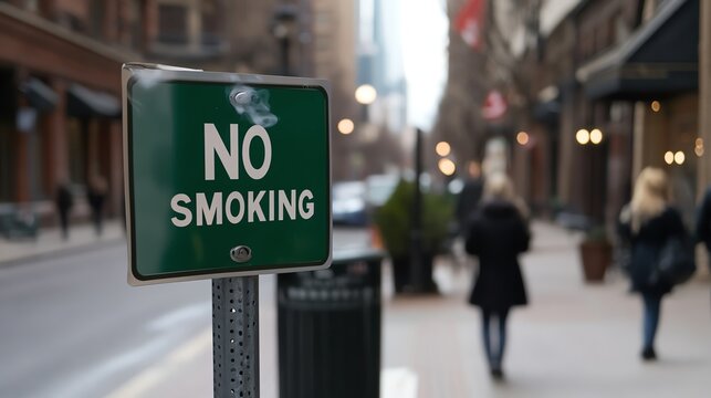 Green 'No Smoking' sign on a city street with blurred pedestrians and buildings in the background.