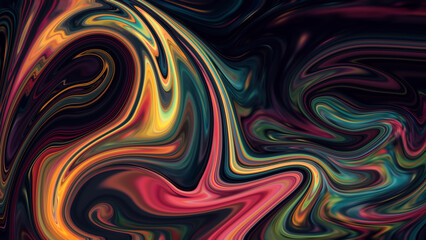 Liquid paint effect abstract trippy swirling colorful background. Orange, yellow, pink, red, green, blue, purple, black.