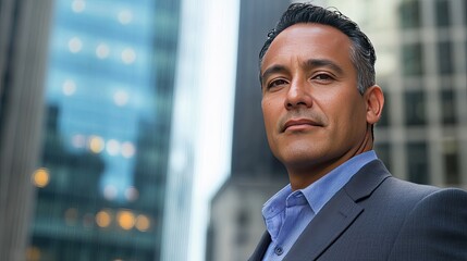 Fototapeta premium Portrait of a Latino man in his mid-50s wearing a suit, standing outside with a corporate business center softly blurred behind him, capturing his seasoned, professional presence.