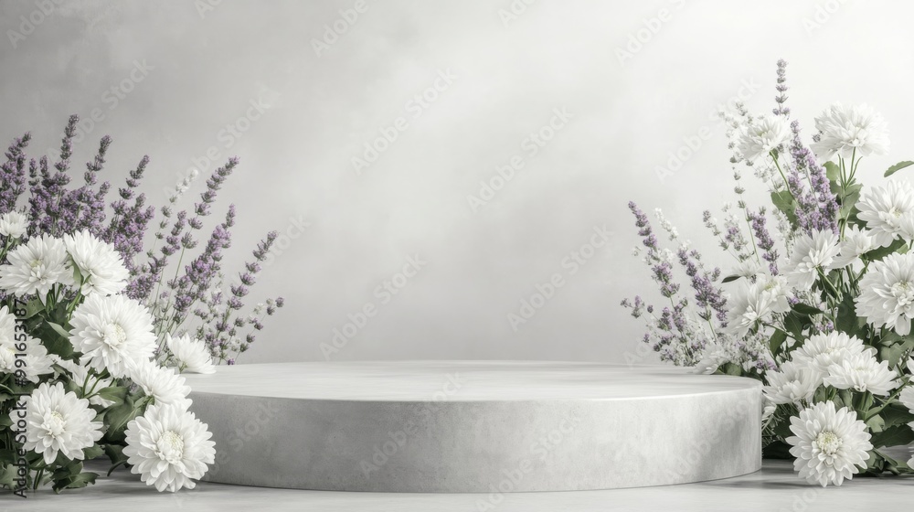 Poster A round pedestal is adorned with delicate white flowers and lavender on either side, creating a serene and elegant atmosphere. The soft background enhances the beauty of the floral arrangement.
