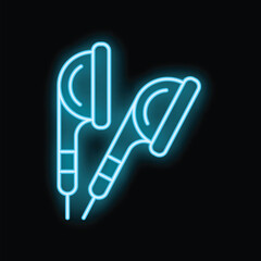 Blue neon sign illustrating in ear headphones glowing on black background, concept for music, podcasts, audio and sound