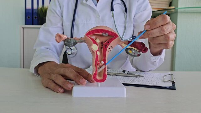 Gynecologist shows on the model of the uterus, a cytological smear of the cervix is made